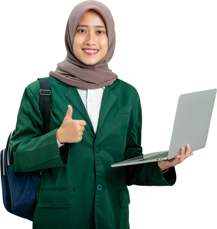 Smiling female muslim college student using laptop